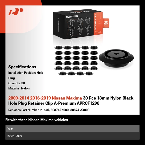 2009-2014 2016-2019 Nissan Maxima 30 Pcs 18mm Nylon Black Hole Plug Retainer Clip A-Premium APRCF1298