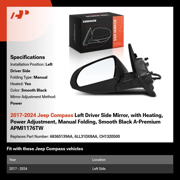 2017-2024 Jeep Compass Left Driver Side Mirror, with Heating, Power Adjustment, Manual Folding, Smooth Black A-Premium APMI1176TW