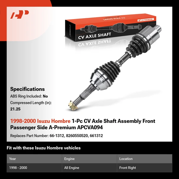 1998-2000 Isuzu Hombre 1-Pc CV Axle Shaft Assembly Front Passenger Side A-Premium APCVA094