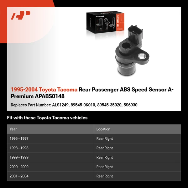 1995-2004 Toyota Tacoma Rear Passenger ABS Speed Sensor A-Premium APABS0148