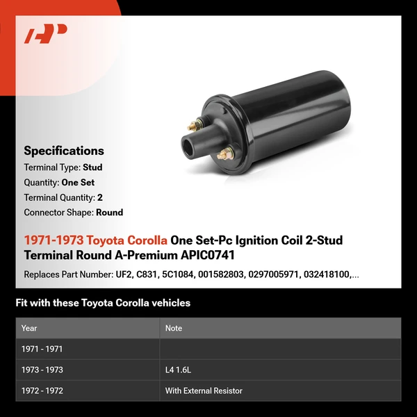 1971-1973 Toyota Corolla One Set-Pc Ignition Coil 2-Stud Terminal Round A-Premium APIC0741