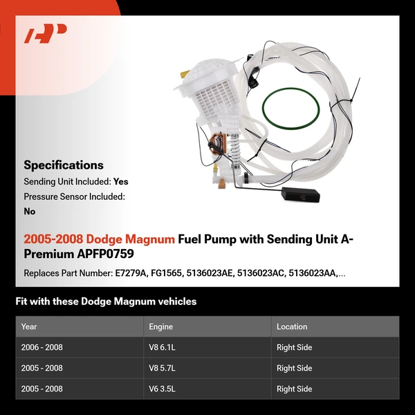 2005-2008 Dodge Magnum Fuel Pump with Sending Unit A-Premium APFP0759