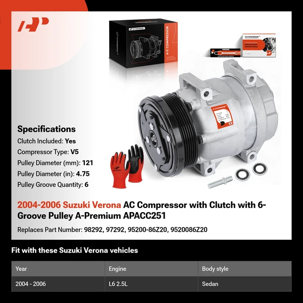 2004-2006 Suzuki Verona AC Compressor with Clutch with 6-Groove Pulley A-Premium APACC251
