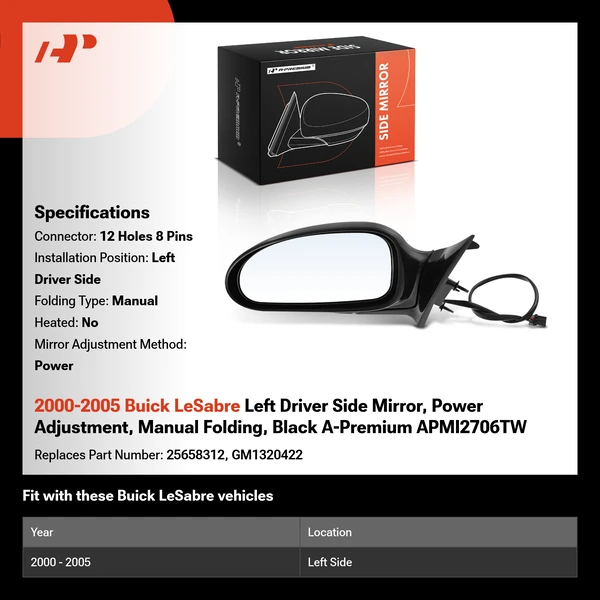 2000-2005 Buick LeSabre Left Driver Side Mirror, Power Adjustment, Manual Folding, Black A-Premium APMI2706TW