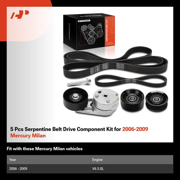 5 Pcs Serpentine Belt Drive Component Kit for 2006-2009 Mercury Milan