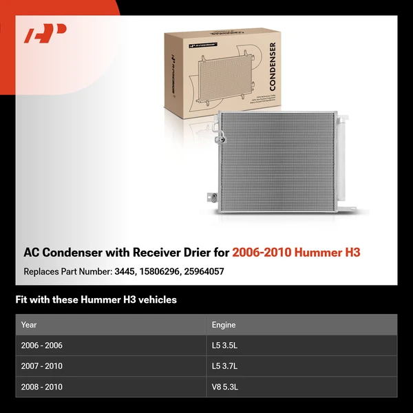 AC Condenser with Receiver Drier for 2006-2010 Hummer H3
