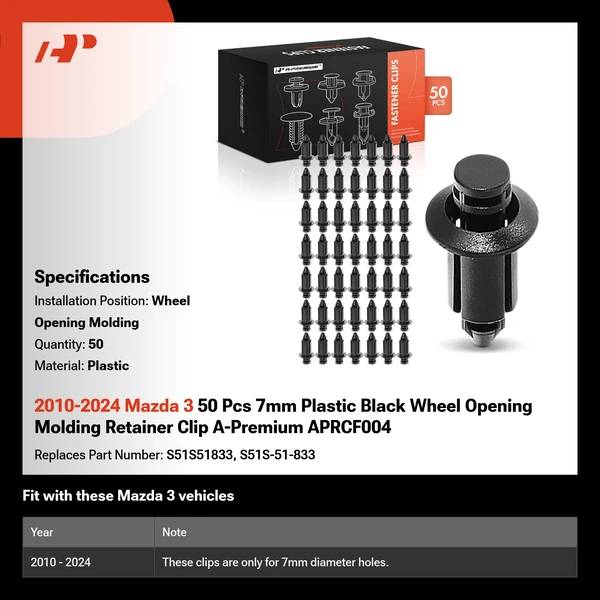 2010-2024 Mazda 3 50 Pcs 7mm Plastic Black Wheel Opening Molding Retainer Clip A-Premium APRCF004