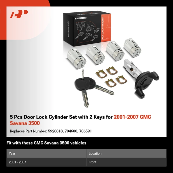 5 Pcs Door Lock Cylinder Set with 2 Keys for 2001-2007 GMC Savana 3500