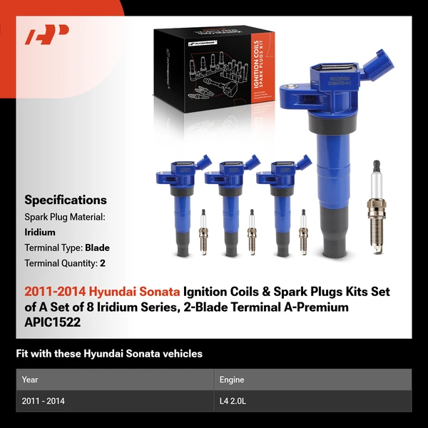 2011-2014 Hyundai Sonata Ignition Coils & Spark Plugs Kits Set of A Set of 8 Iridium Series, 2-Blade Terminal A-Premium APIC1522