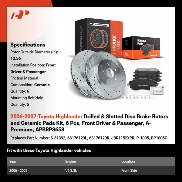 2006-2007 Toyota Highlander Drilled & Slotted Disc Brake Rotors and Ceramic Pads Kit, 6 Pcs, Front Driver & Passenger, A-Premium, APBRPS658