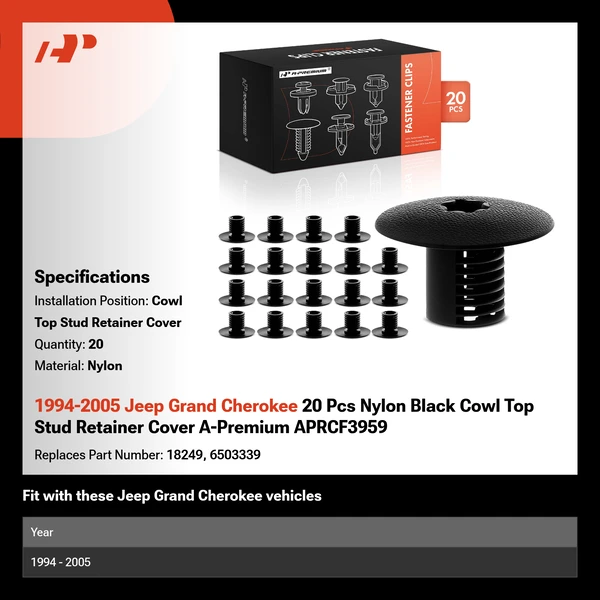 1994-2005 Jeep Grand Cherokee 20 Pcs Nylon Black Cowl Top Stud Retainer Cover A-Premium APRCF3959