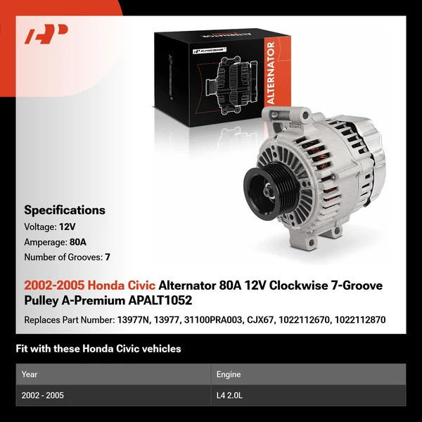 2002-2005 Honda Civic Alternator 80A 12V Clockwise 7-Groove Pulley A-Premium APALT1052