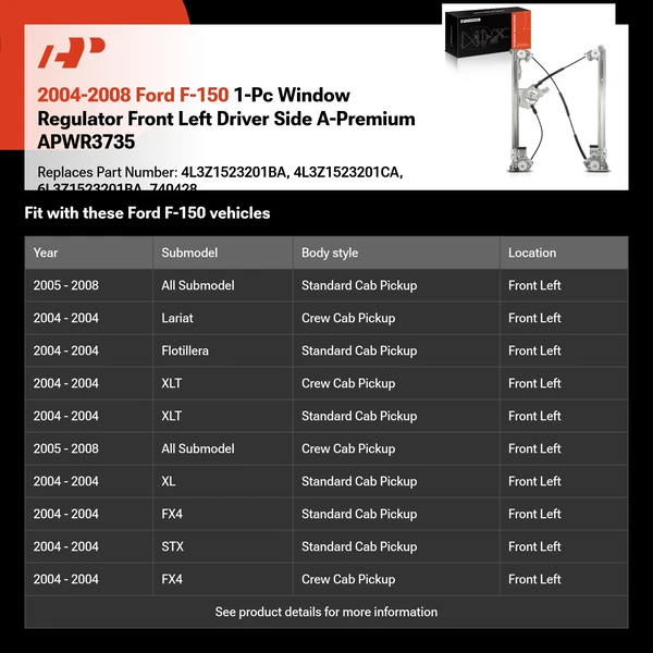 2004-2008 Ford F-150 1-Pc Window Regulator Front Left Driver Side A-Premium APWR3735
