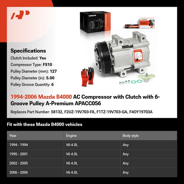 1994-2006 Mazda B4000 AC Compressor with Clutch with 6-Groove Pulley A-Premium APACC056