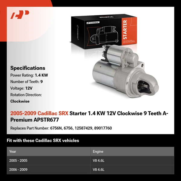 2005-2009 Cadillac SRX Starter 1.4 KW 12V Clockwise 9 Teeth A-Premium APSTR677