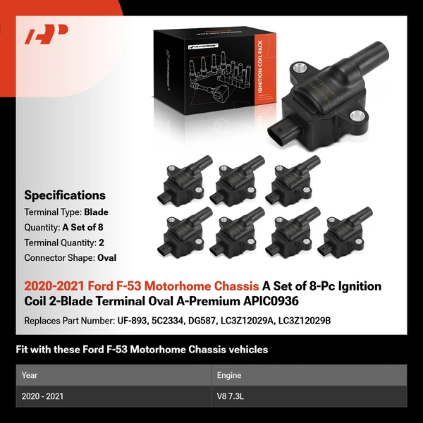 2020-2021 Ford F-53 Motorhome Chassis A Set of 8-Pc Ignition Coil 2-Blade Terminal Oval A-Premium APIC0936