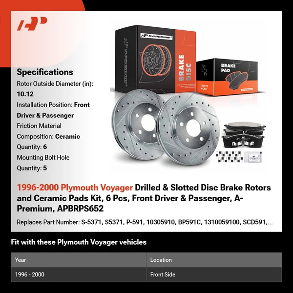 1996-2000 Plymouth Voyager Drilled & Slotted Disc Brake Rotors and Ceramic Pads Kit, 6 Pcs, Front Driver & Passenger, A-Premium, APBRPS652