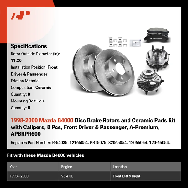 1998-2000 Mazda B4000 Disc Brake Rotors and Ceramic Pads Kit with Calipers, 8 Pcs, Front Driver & Passenger, A-Premium, APBRPR600