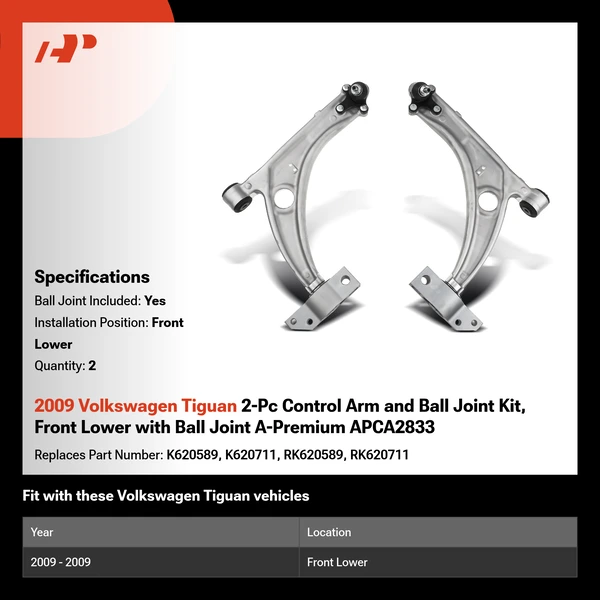 2009 Volkswagen Tiguan 2-Pc Control Arm and Ball Joint Kit, Front Lower with Ball Joint A-Premium APCA2833
