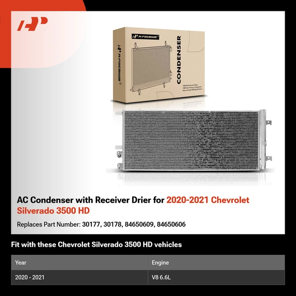 AC Condenser with Receiver Drier for 2020-2021 Chevrolet Silverado 3500 HD