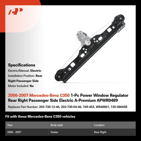 2006-2007 Mercedes-Benz C350 1-Pc Power Window Regulator Rear Right Passenger Side Electric A-Premium APWR0489