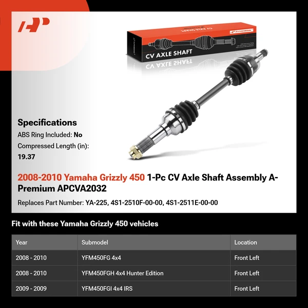 2008-2010 Yamaha Grizzly 450 1-Pc CV Axle Shaft Assembly A-Premium APCVA2032