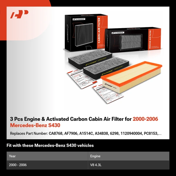 3 Pcs Engine & Activated Carbon Cabin Air Filter for 2000-2006 Mercedes-Benz S430