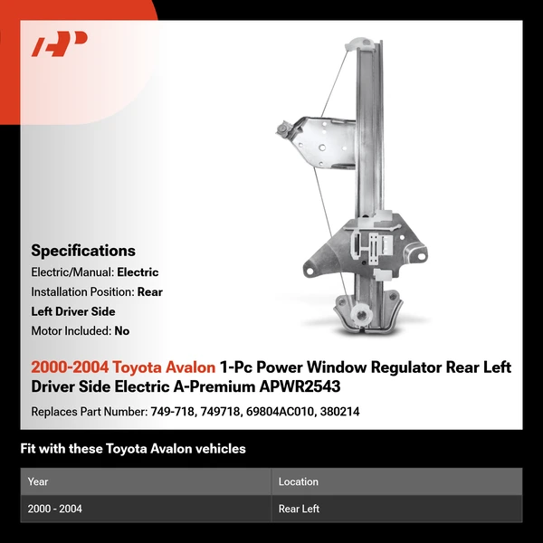 2000-2004 Toyota Avalon 1-Pc Power Window Regulator Rear Left Driver Side Electric A-Premium APWR2543
