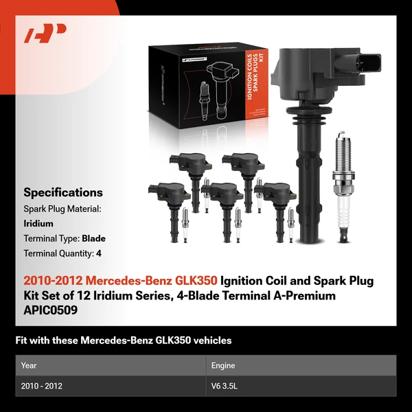 2010-2012 Mercedes-Benz GLK350 Ignition Coil and Spark Plug Kit Set of 12 Iridium Series, 4-Blade Terminal A-Premium APIC0509