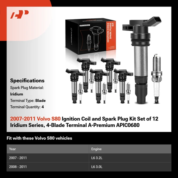 2007-2011 Volvo S80 Ignition Coil and Spark Plug Kit Set of 12 Iridium Series, 4-Blade Terminal A-Premium APIC0680