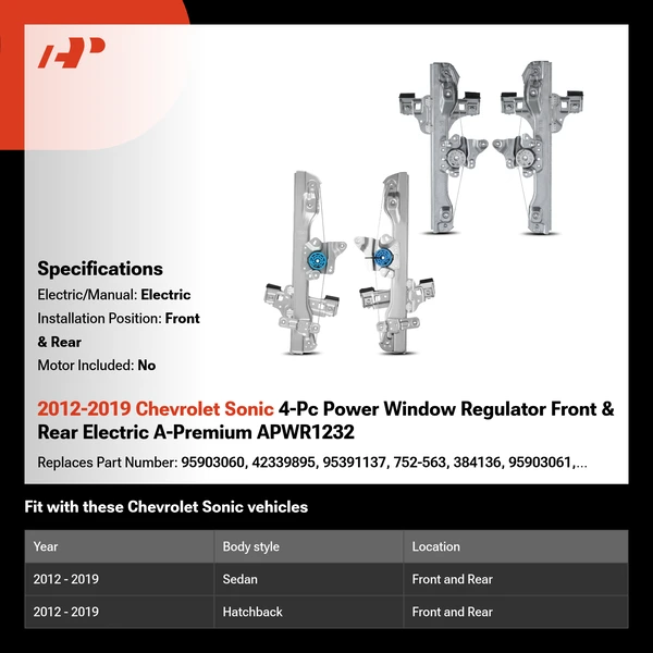 2012-2019 Chevrolet Sonic 4-Pc Power Window Regulator Front & Rear Electric A-Premium APWR1232