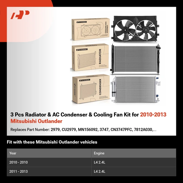 3 Pcs Radiator & AC Condenser & Cooling Fan Kit for 2010-2013 Mitsubishi Outlander