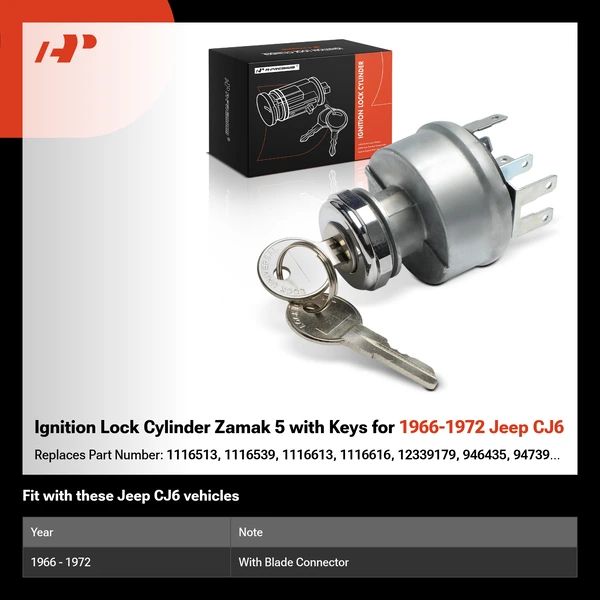 Ignition Lock Cylinder Zamak 5 with Keys for 1966-1972 Jeep CJ6