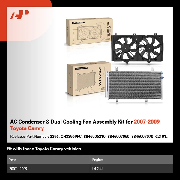 AC Condenser & Dual Cooling Fan Assembly Kit for 2007-2009 Toyota Camry