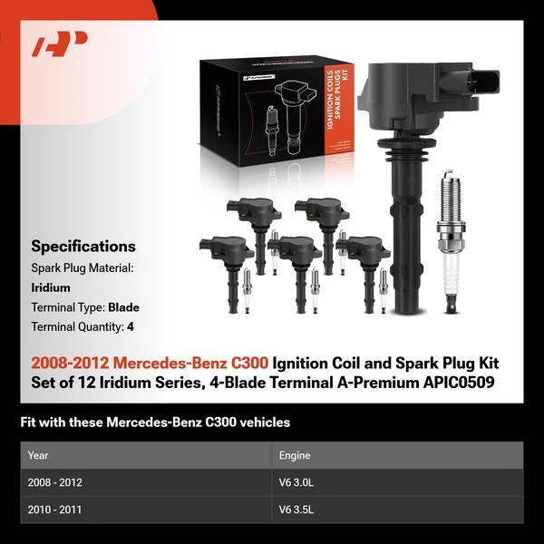 2008-2012 Mercedes-Benz C300 Ignition Coil and Spark Plug Kit Set of 12 Iridium Series, 4-Blade Terminal A-Premium APIC0509