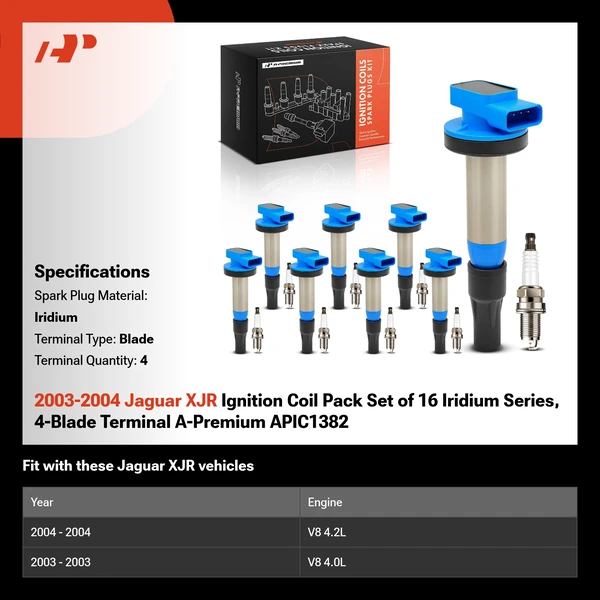 2003-2004 Jaguar XJR Ignition Coil Pack Set of 16 Iridium Series, 4-Blade Terminal A-Premium APIC1382
