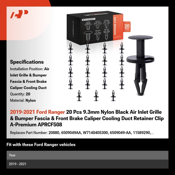 2019-2021 Ford Ranger 20 Pcs 9.3mm Nylon Black Air Inlet Grille & Bumper Fascia & Front Brake Caliper Cooling Duct Retainer Clip A-Premium APRCF508