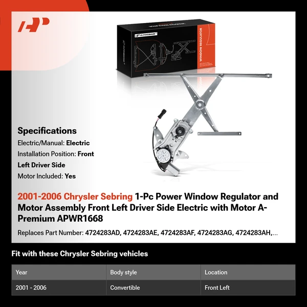 2001-2006 Chrysler Sebring 1-Pc Power Window Regulator and Motor Assembly Front Left Driver Side Electric with Motor A-Premium APWR1668