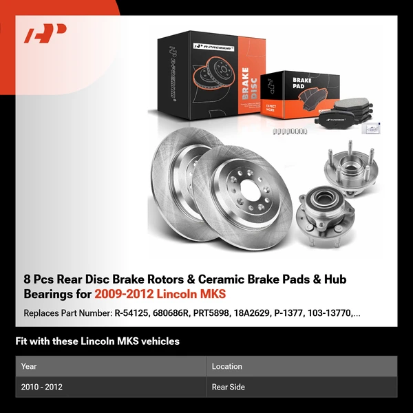 8 Pcs Rear Disc Brake Rotors & Ceramic Brake Pads & Hub Bearings for 2009-2012 Lincoln MKS