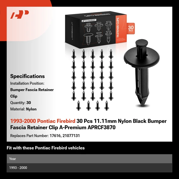 1993-2000 Pontiac Firebird 30 Pcs 11.11mm Nylon Black Bumper Fascia Retainer Clip A-Premium APRCF3870