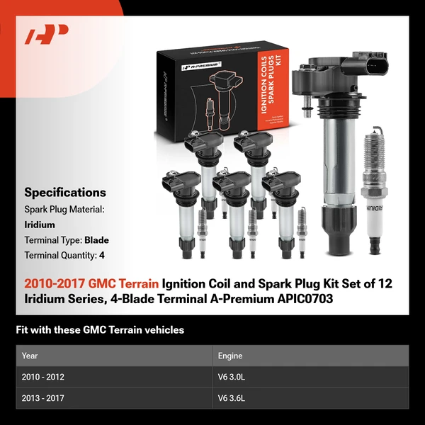 2010-2017 GMC Terrain Ignition Coil and Spark Plug Kit Set of 12 Iridium Series, 4-Blade Terminal A-Premium APIC0703
