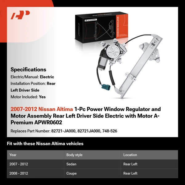 2007-2012 Nissan Altima 1-Pc Power Window Regulator and Motor Assembly Rear Left Driver Side Electric with Motor A-Premium APWR0602