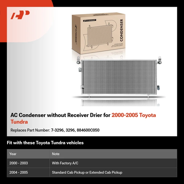 AC Condenser without Receiver Drier for 2000-2005 Toyota Tundra