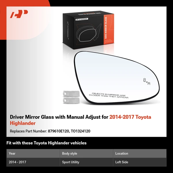 Driver Mirror Glass with Manual Adjust for 2014-2017 Toyota Highlander