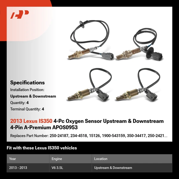 2013 Lexus IS350 4-Pc Oxygen Sensor Upstream & Downstream 4-Pin A-Premium APOS0953