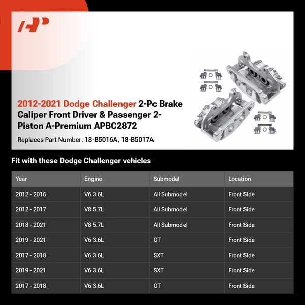 2012-2021 Dodge Challenger 2-Pc Brake Caliper Front Driver & Passenger 2-Piston A-Premium APBC2872