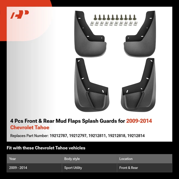 4 Pcs Front & Rear Mud Flaps Splash Guards for 2009-2014 Chevrolet Tahoe
