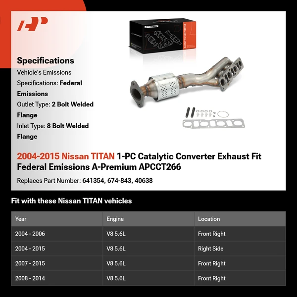 2004-2015 Nissan TITAN 1-PC Catalytic Converter Exhaust Fit Federal Emissions A-Premium APCCT266