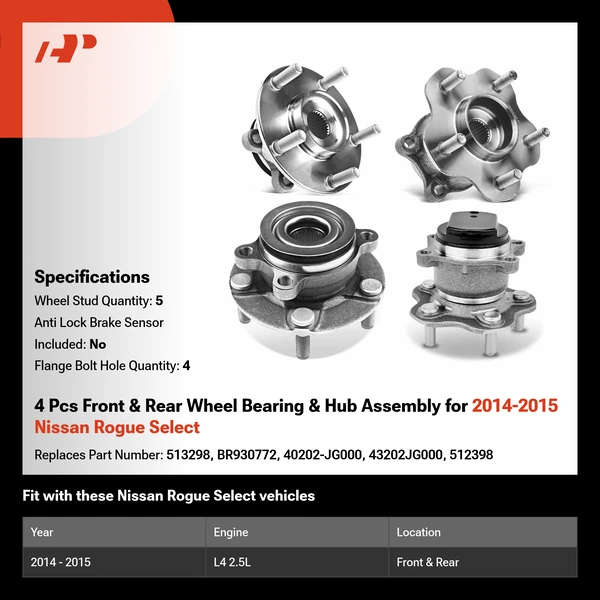 4 Pcs Front & Rear Wheel Bearing & Hub Assembly for 2014-2015 Nissan Rogue Select