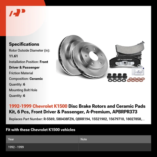 1992-1999 Chevrolet K1500 Disc Brake Rotors and Ceramic Pads Kit, 6 Pcs, Front Driver & Passenger, A-Premium, APBRPR373